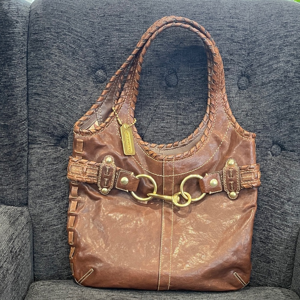 Coach Brown Braided Leather Shoulder Tote with Horsebit Accent